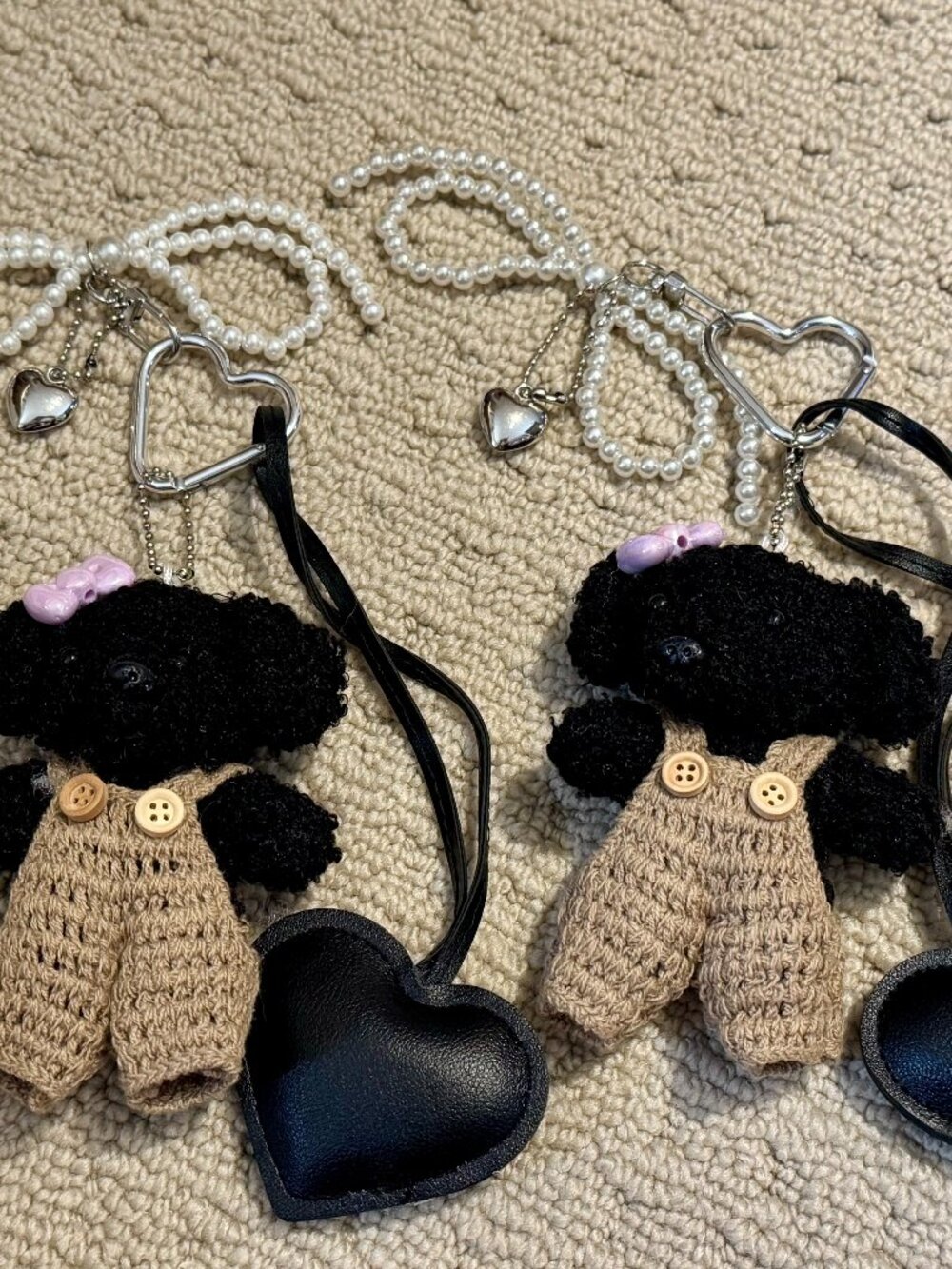 2 Black Stuffed Dogs With Overalls, Heart, Pearl Bow Backpack Charm Keychain